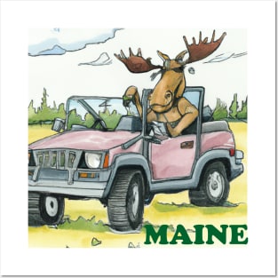 Maine Moose Driving a Jeep Posters and Art